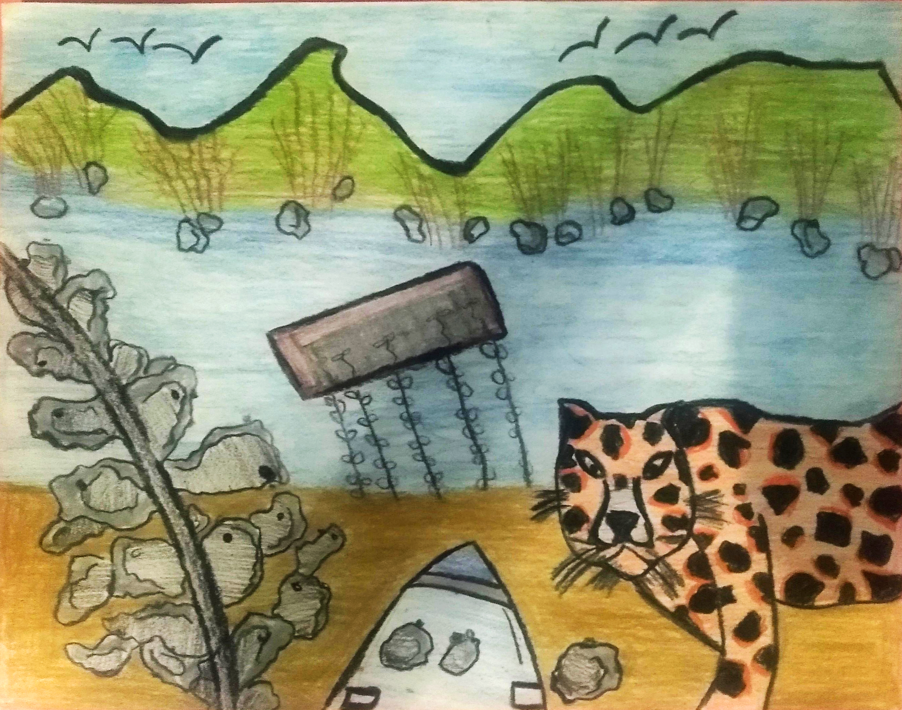 Dibujo de orilla de un río con un jaguar, líneas de ostiones y vegetación. 
