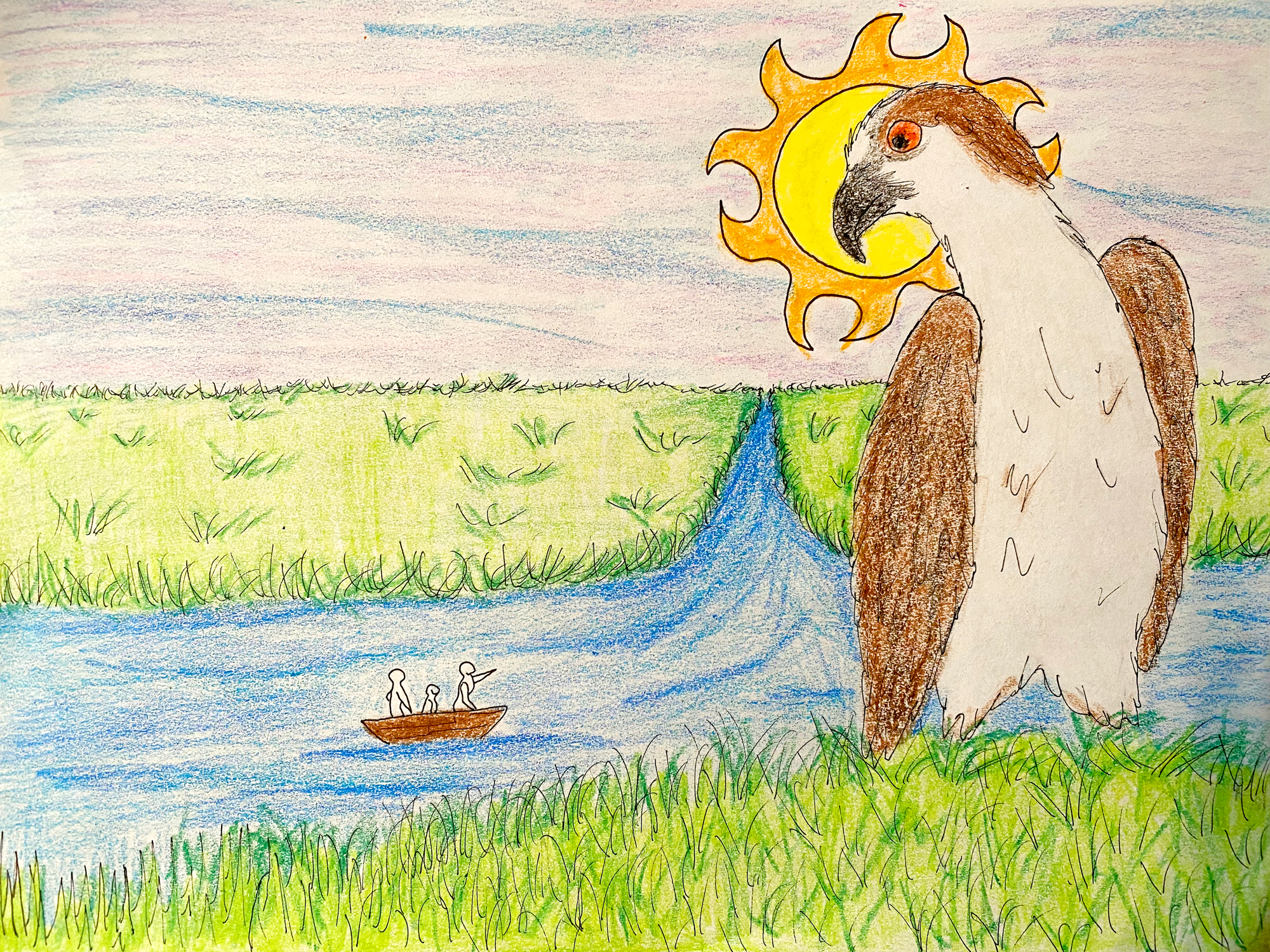 Dibujo de rivera con águila pescadora enorme, que lleva al sol de corona, como si fuera una deidad.