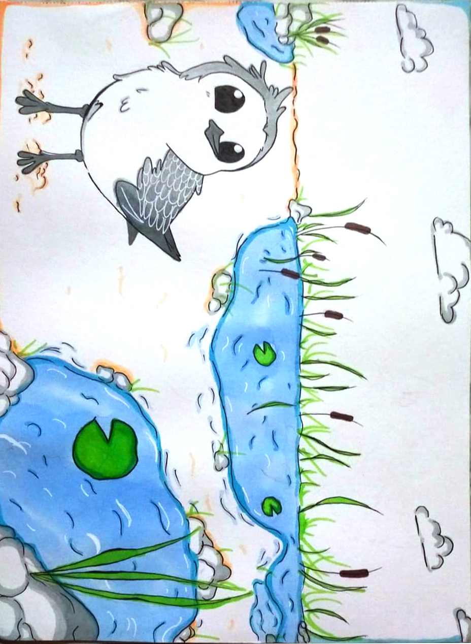 Dibujo con ilustración de chorlito nevado en las dunas.