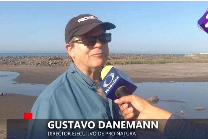 Pantalla con San Miguel de fondo y Gustavo D. Danemann en primer plano siendo entrevistado.