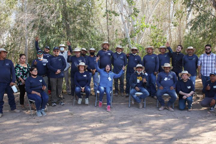 Equipo de Pronatura Noroeste con bosque de álamos de fondo
