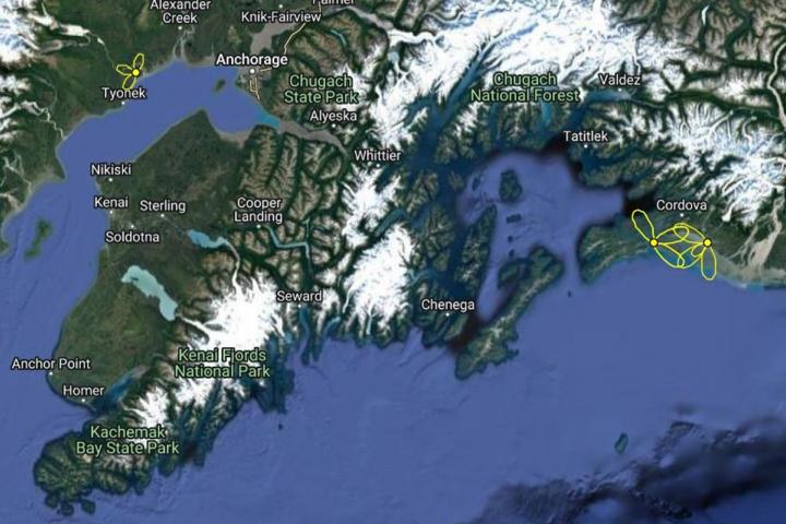Mapa con tres antenas en Alaska