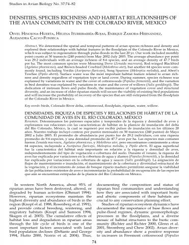 Densities, species richness and habitad relationships of the avian community in the Colorado River, Mexico