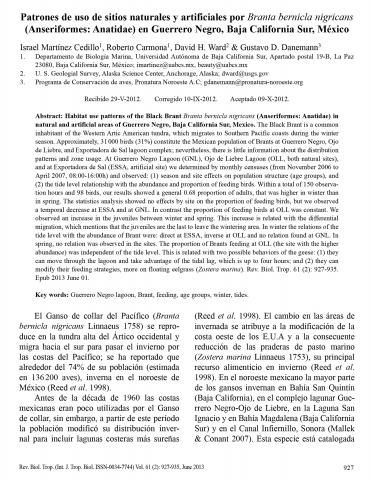 Patrones de uso de sitios naturales y artificiales por Branta bernicla nigricans (Anseriformes: Anatidae) en Guerrero Negro, Baja California Sur, México