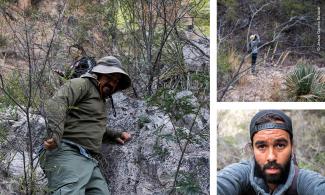 Flor Torres y Felipe Lozano descendiendo en el terreno; y Jesús García,  fotógrafo que documentó la expedición.